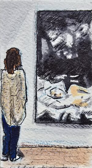 A woman standing in front of a Cecily Brown painting at the Barnes Foundation